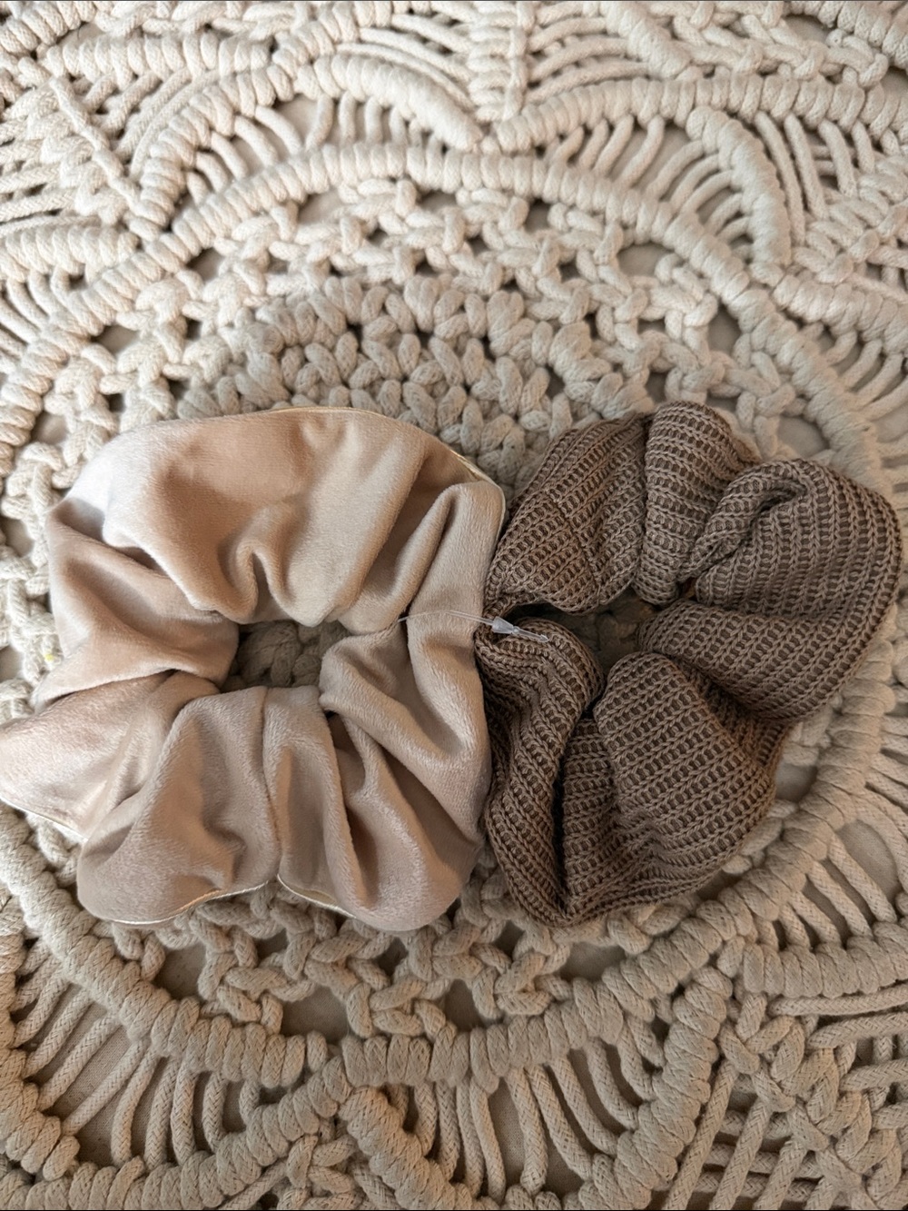 Neutral Satin and Knit Scrunchie Duo - Beige & Taupe